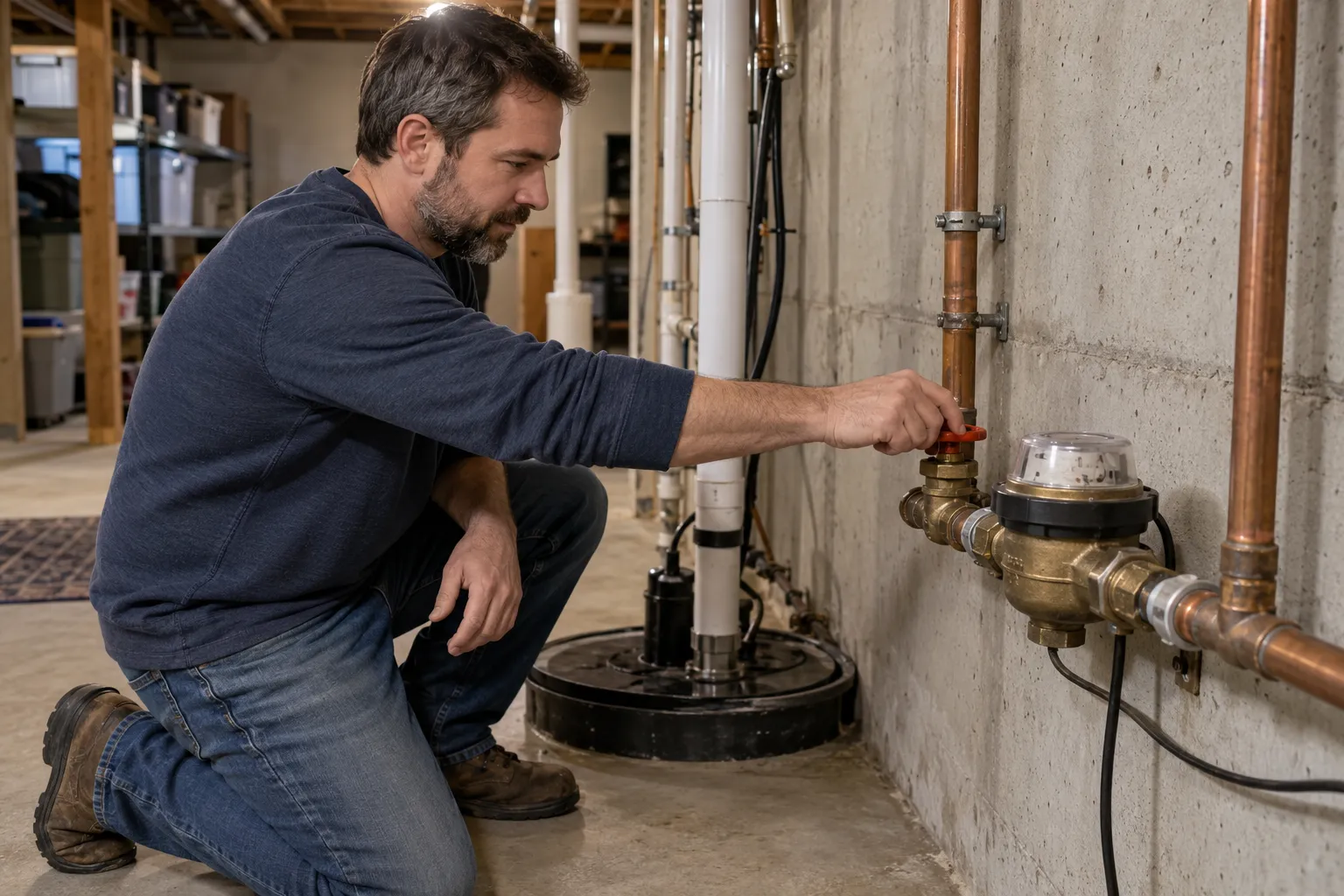A homeowner turning off the main water valve in a basement