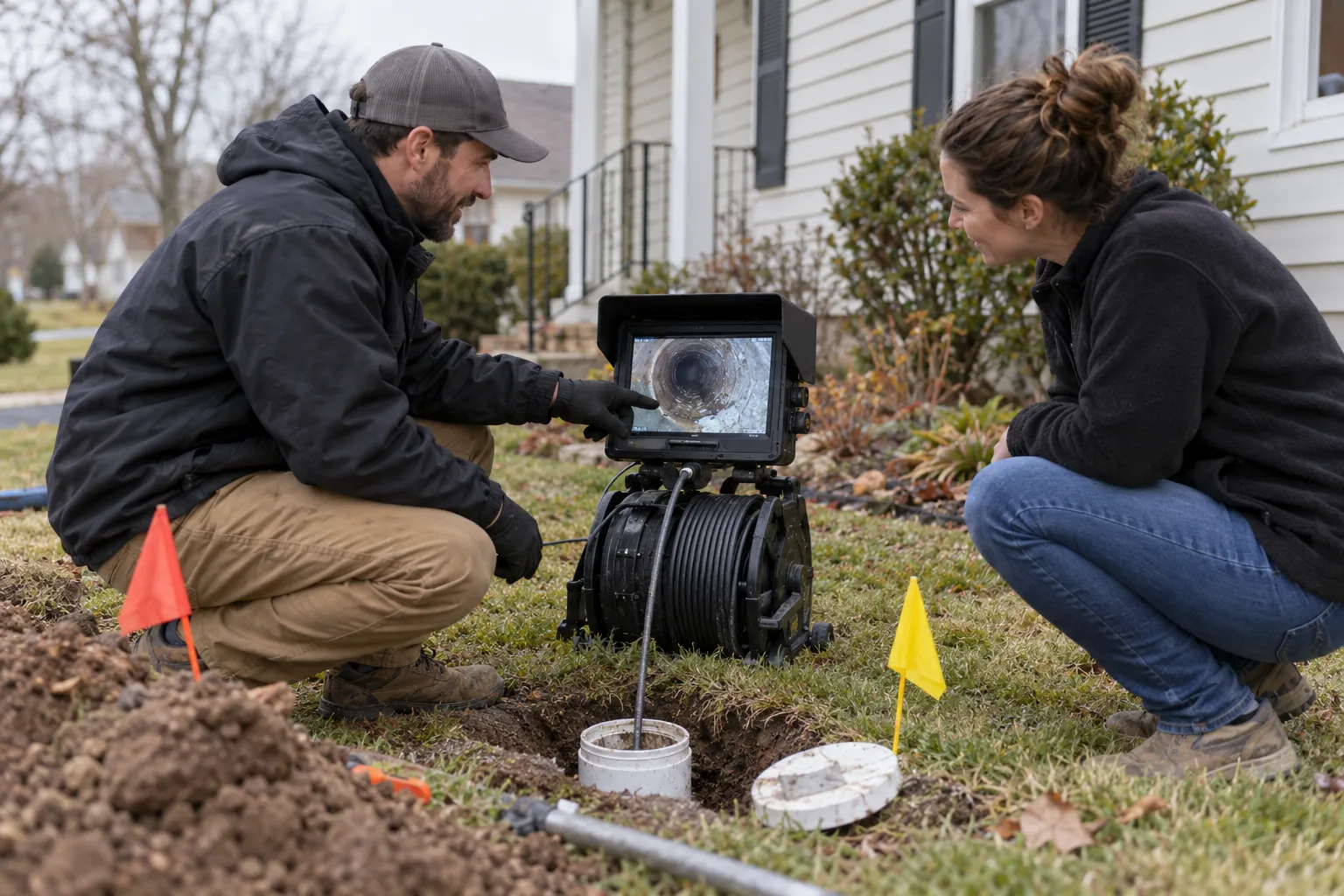 A local provider reviewing a sewer camera inspection with a homeowner in the Rockwood area